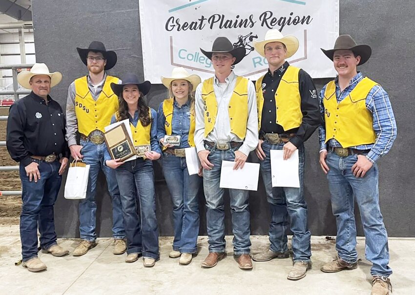 he SDSU Rodeo team national qualifiers at their final rodeo of the regular season. From left are Ron Skovly (coach), Kaden Wooters, Arabella Cook, Rayha Richert, Lan Fuhrer, Trey Frank and Dalton Kunkee.