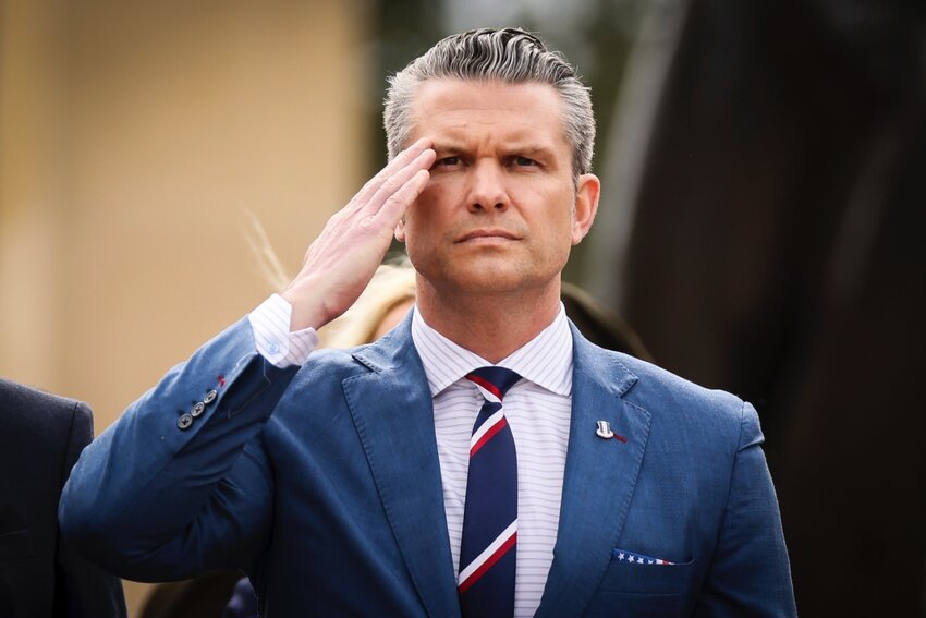 U.S. Defense Secretary Pete Hegseth salutes during a ceremony at the U.S. cemetery to commemorate the 81st anniversary of the D-Day landings on June 6 in Colleville-sur-Mer, Normandy.