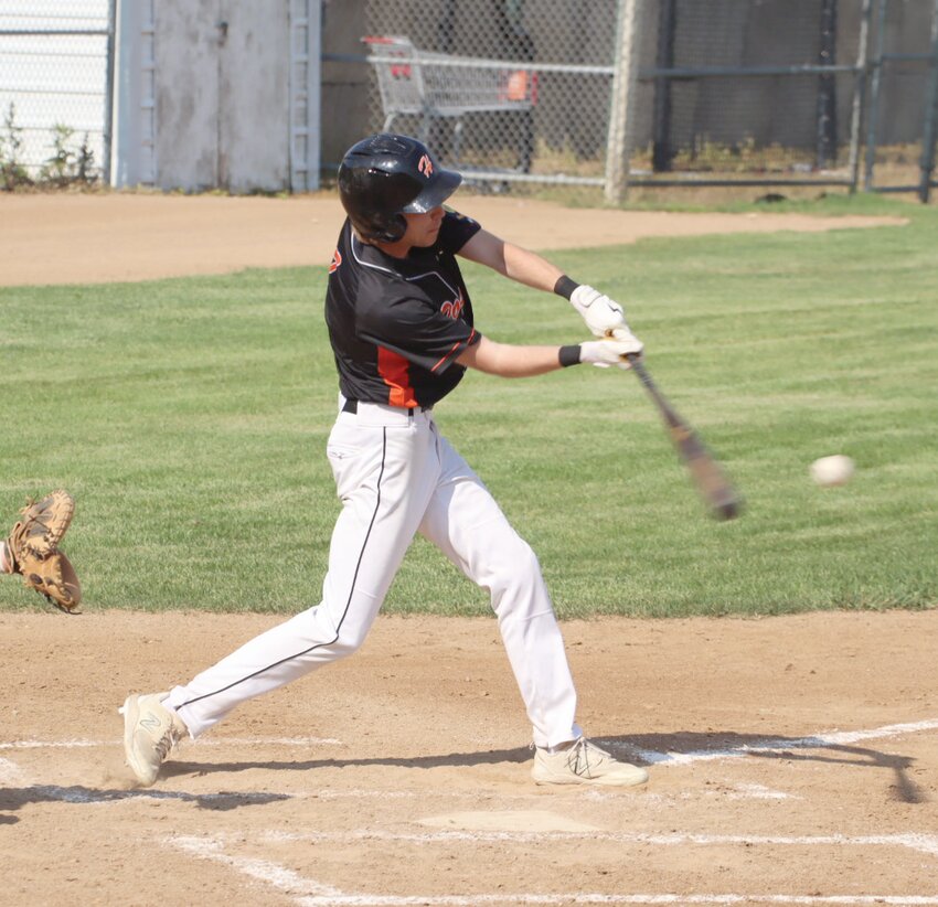 Huron’s Gabe Waldner makes contact during the opening game of an American Legion doubleheader against Aberdeen on Tuesday at Memorial Park Stadium.
