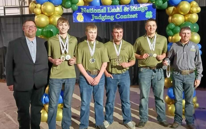 Wessington Springs School 4-H Range Judging team placed second out of seven teams. From left to right team members included Brady Duxbury (coach), Landen Christensen, Hayes Christensen, Ridge Roduner, Robert Hine, and Tyler Swan (mentor).