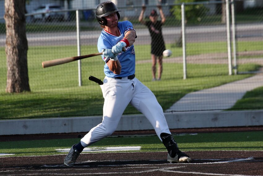 Brookings' Rhett Zelinsky swings at a pitch during an 18-8 win over the Sioux Falls Squirrels on Monday night at Bob Shelden Field in Brookings.