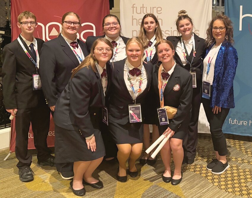 Iroquois HOSA students participated in the International Leadership Conference in Nashville. Attending were: back row, left to right - Connor Dant, Kali Burma, Emma Eckmann, Airabella Deysel, Ariana Palladeno, Daphne Moeller, advisor; and front row - Mona Nickoli, Madi Burma, Tabitha Rose