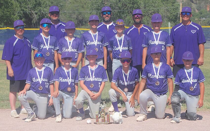 Taking third place in the State VFW 12U tourney was the team from Flandreau. Front from left, Sawyer Witte, Emmitt Yeaton, Munro McNickle, Sully Taylor, Brayden Arnold and Briggs Johnson. Middle, Jett Ramsdell, Ashdaehn Kuhnel-Smith, Tayte Joachims, Evan Hoffman and Landon Peters. Back, Coaches Mike Witte, Pedro Johnson, Tim Yeaton, Jason Ramsdell and Mark Hoffman.