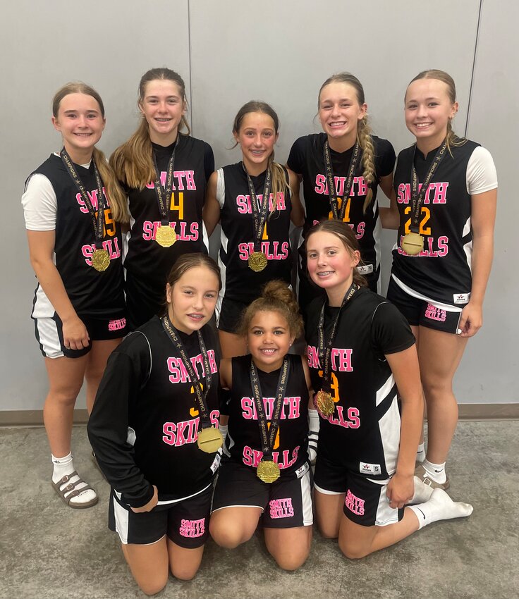 Front row, from left: Raya Toupal (W-W), Remington Smith (mananger- Huron), and Avah Newman (I/LP).  Back row: Lylli Hofer (Huron), Ramsey Rozell (Huron), Talley Hins (Huron), Jayla Schley (Huron), and Londyn Mikkelson (Wess. Springs).  Not pictured: Lily Toupal (W-W) .