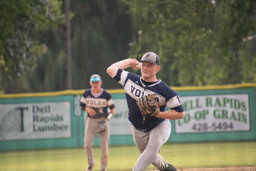 Volga’s Broden Teske delivers a pitch to home plate during a 7-5 win over Madison in a region playoff game on July 23.