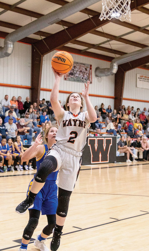 Wayne junior Kaylee Madden gets free for a layup during the Bulldogs&rsquo; 42-40 win against Dibble. Madden scored eight points.