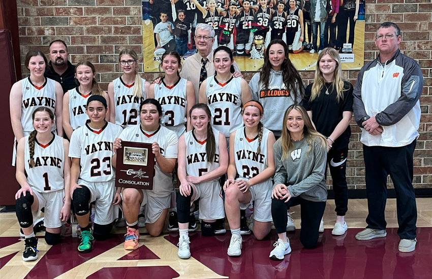 The Wayne Lady Bulldogs beat Thackerville 60-28 to win the Consolation bracket at the Velma-Alma tournament last weekend. Pictured in front, from left are Haylee Durrence,Lorensa Martinez, Mayce Trejo, McKenzie Fisher, Haiden Parker and Brysten Shephard. In back, from left, are Kaylee Madden, Charles Durrence, Madi Sharp, Addison Keeler, Jordynn Debaets, head coach Bill Burnett, Daliyah Fuentes, Faith Brazell, Madi Self and assistant coach Chance Sharp.