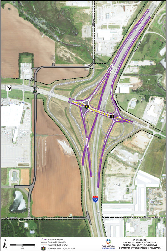 Option 2B, a diverging diamond with reliever ramps, has been chosen by ODOT as the preferred configuration at the U.S. Interstate 35/State Highway 9W interchange.