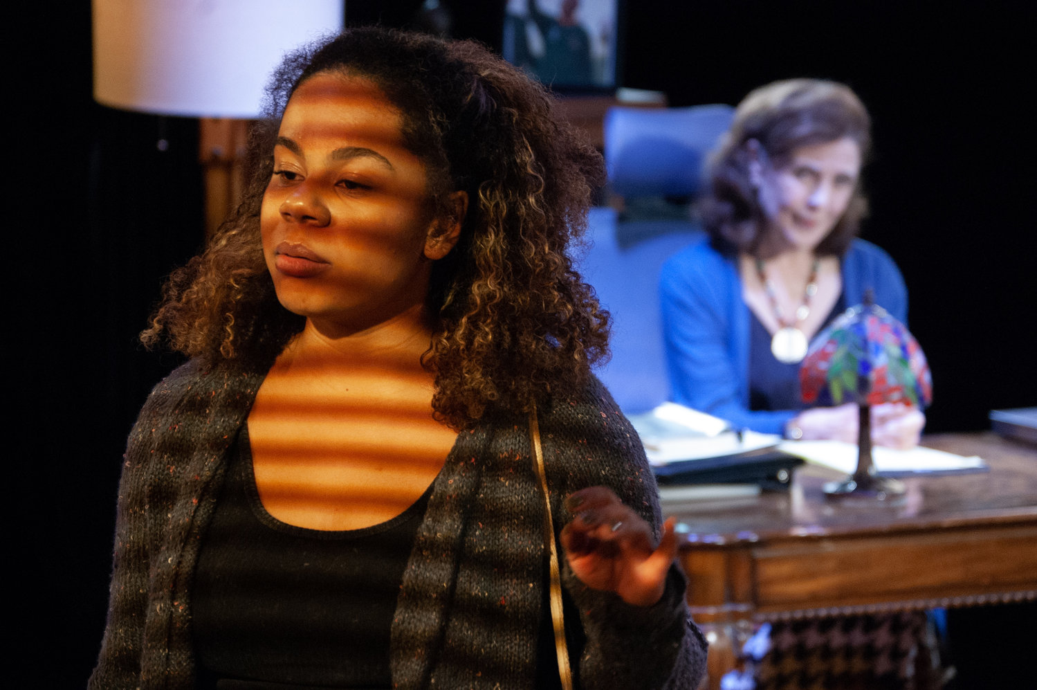 The play, written by Eleanor Burgess, involves a black student (Summer Ainsworth) who visits her white professor (Kate Konigisor) for a review of her thesis on the American Revolution.