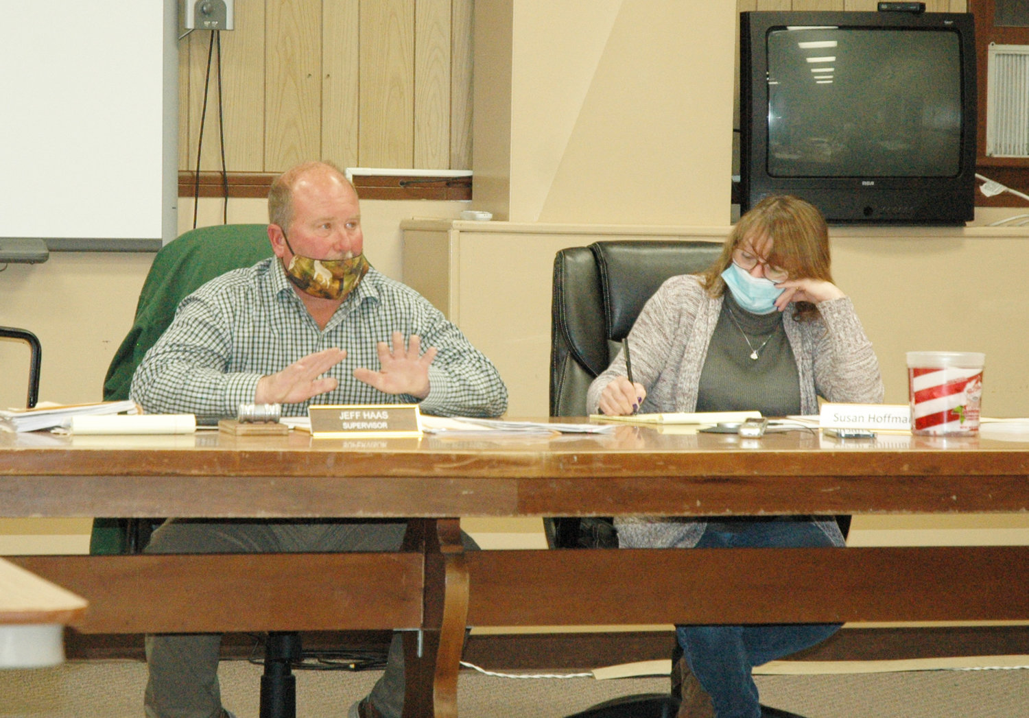 Highland Supervisor Donald Jeff Haas, left, is pictured here next to Town Clerk Susan Hoffman at their town board meeting earlier this month.